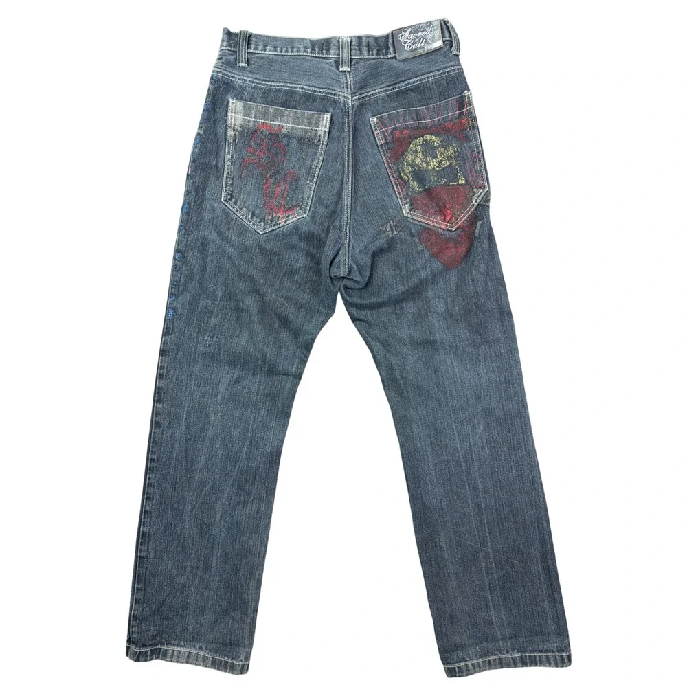 Sacred Cult Jeans Mens 32x32 Straight Graphic Skull Blue Streetwear 7th Y2K